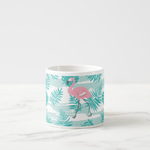 Pink flamingos, green palm leaves, tropical. espresso cup