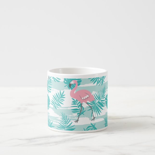 Pink flamingos, green palm leaves, tropical. espresso cup (Front)