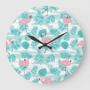 Pink flamingos, green palm leaves, tropical. large clock