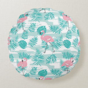 Pink flamingos, green palm leaves, tropical. round cushion