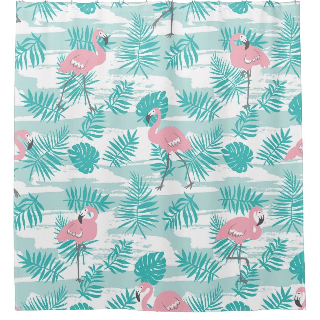 Pink flamingos, green palm leaves, tropical. shower curtain (Front)