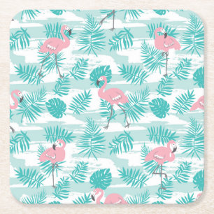 Pink flamingos, green palm leaves, tropical. square paper coaster