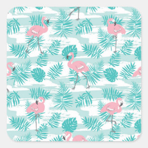 Pink flamingos, green palm leaves, tropical. square sticker