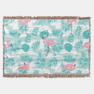 Pink flamingos, green palm leaves, tropical. throw blanket