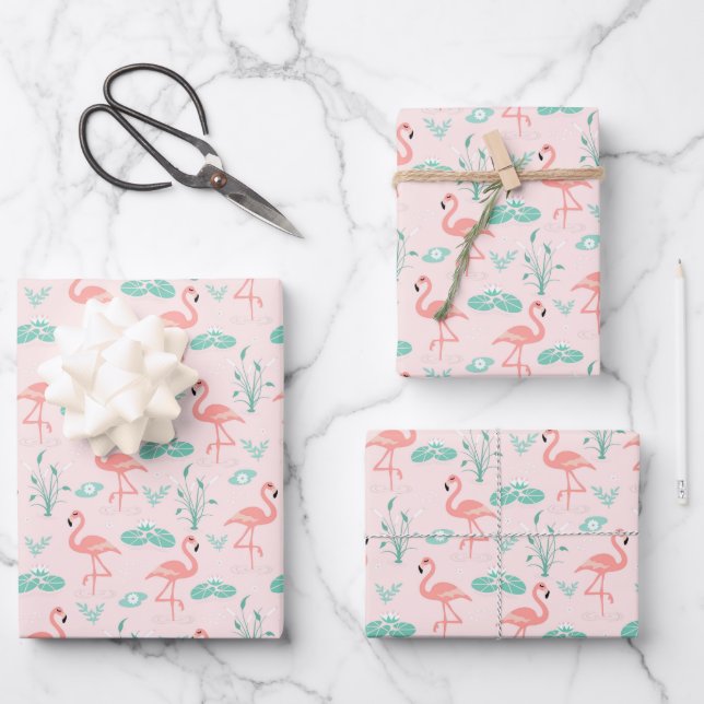 Pink Flamingos Green Palm Leaves Tropical  Wrapping Paper Sheet (Front)