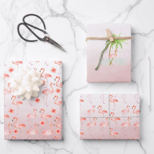Pink Flamingos Hibiscus Floral Wrapping Paper Sheet (Front)