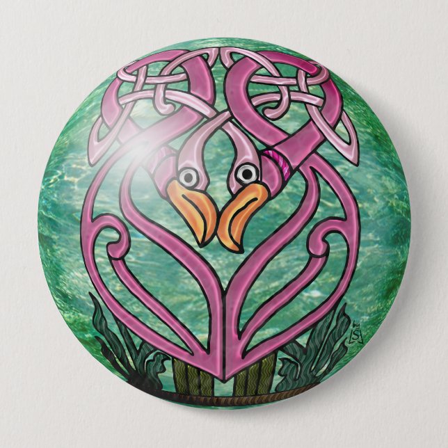 Pink Flamingos in a Celtic Knot 10 Cm Round Badge (Front)