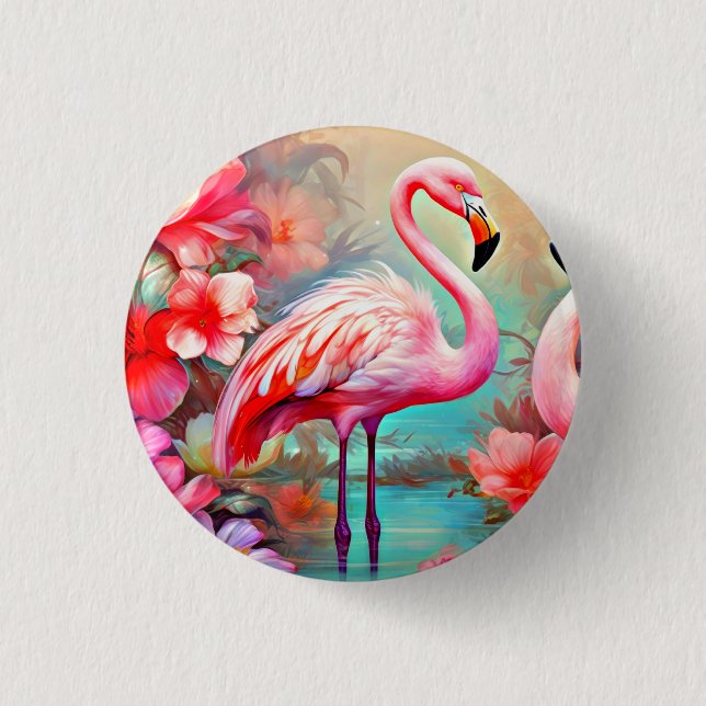 Pink Flamingos in A Lake with Flowers-20231 3 Cm Round Badge (Front)