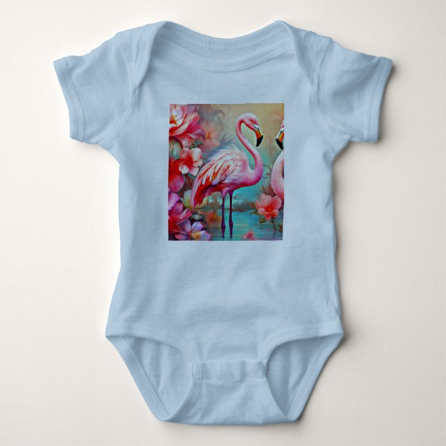 Pink Flamingos in A Lake with Flowers-20231 Baby Bodysuit (Front)