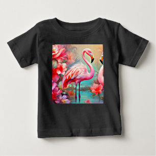 Pink Flamingos in A Lake with Flowers-20231 Baby T-Shirt