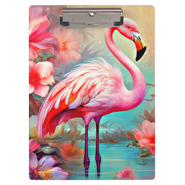 Pink Flamingos in A Lake with Flowers-20231 Clipboard (Front)