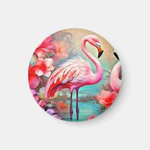 Pink Flamingos in A Lake with Flowers-20231 Magnet