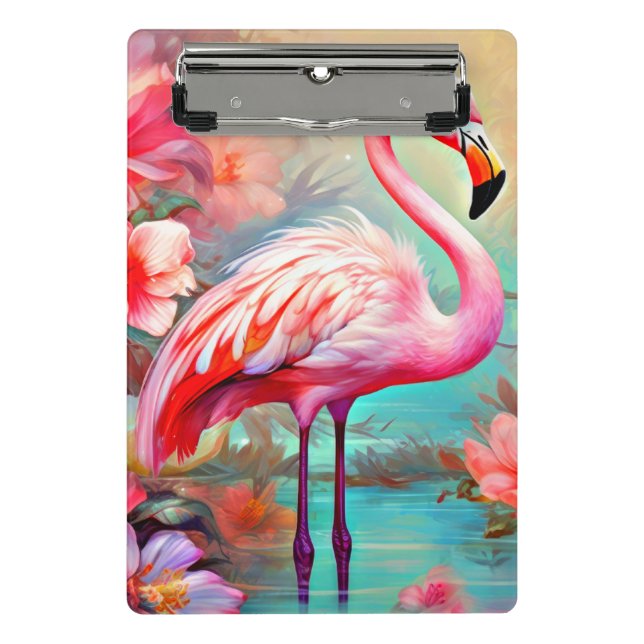 Pink Flamingos in A Lake with Flowers-20231 Mini Clipboard (Front)