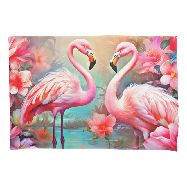 Pink Flamingos in A Lake with Flowers-20231 Pillowcase (Front)