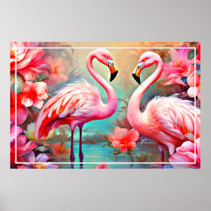 Pink Flamingos in A Lake with Flowers-20231 Poster