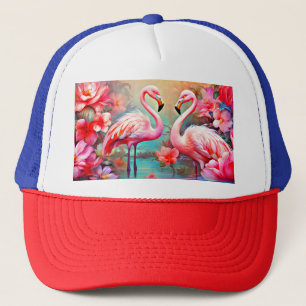 Pink Flamingos in A Lake with Flowers-20231 Trucker Hat