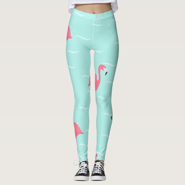 Pink flamingos in blue sea leggings (Front)