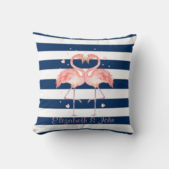 Pink Flamingos In Love,Navy Blue Stripes Cushion (Front)