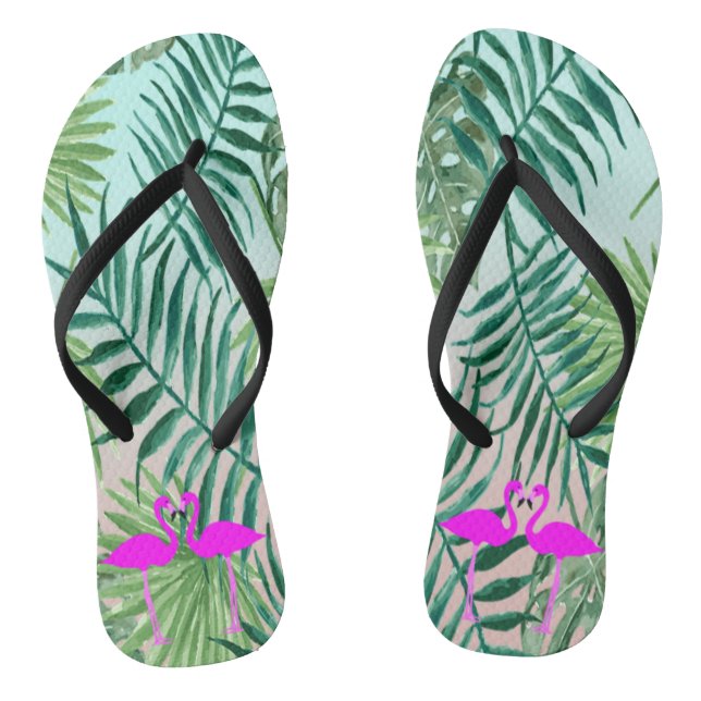 Pink Flamingos In Love On Palm  Leaves Jandals (Footbed)