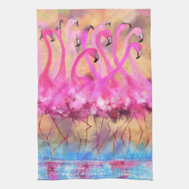 Pink Flamingos Love Dance - Original Art Painting Tea Towel (Vertical)