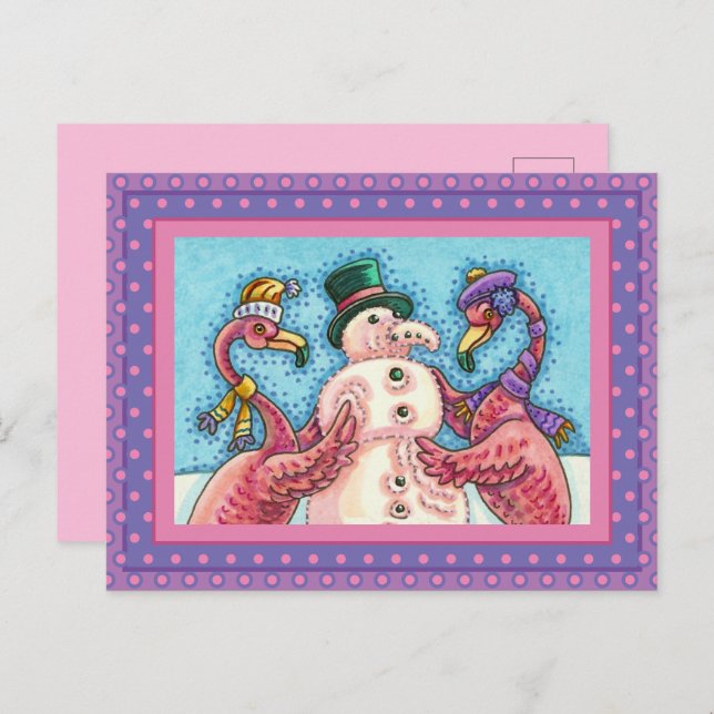 PINK FLAMINGOS MAKE SNOWMAN, FUNNY CHRISTMAS BIRDS HOLIDAY POSTCARD (Front/Back)