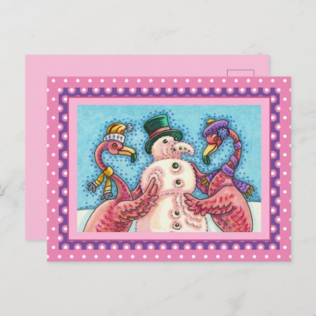 PINK FLAMINGOS MAKE SNOWMAN, FUNNY CHRISTMAS BIRDS HOLIDAY POSTCARD (Front/Back)