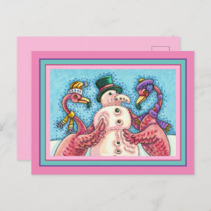PINK FLAMINGOS MAKE SNOWMAN, FUNNY CHRISTMAS BIRDS HOLIDAY POSTCARD
