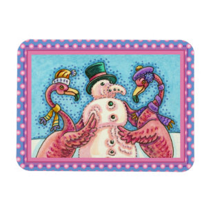 PINK FLAMINGOS MAKE SNOWMAN, FUNNY CHRISTMAS BIRDS MAGNET