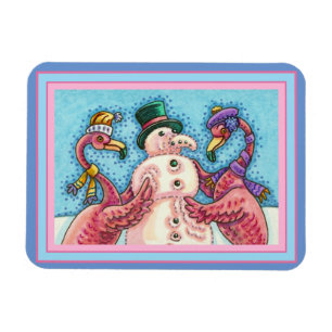 PINK FLAMINGOS MAKE SNOWMAN, FUNNY CHRISTMAS BIRDS MAGNET
