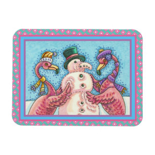 PINK FLAMINGOS MAKE SNOWMAN, FUNNY CHRISTMAS BIRDS MAGNET