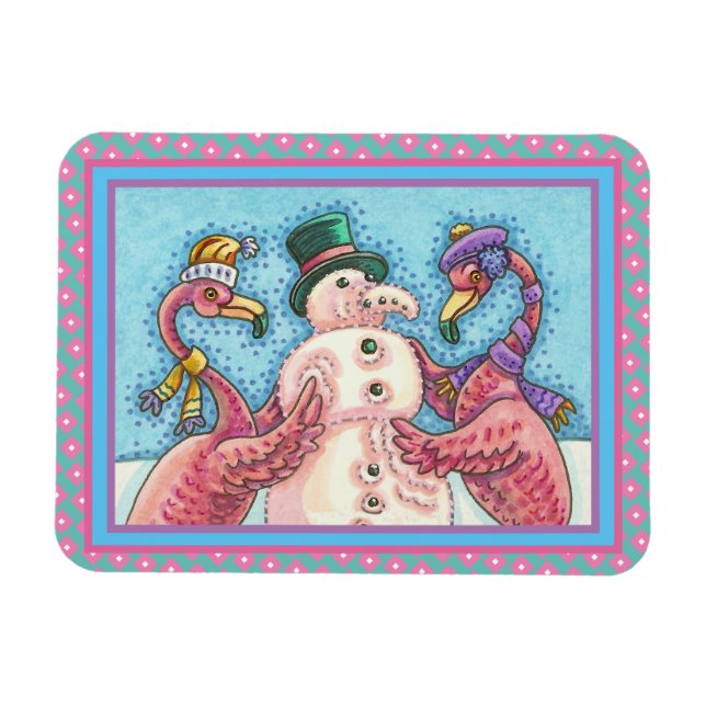 PINK FLAMINGOS MAKE SNOWMAN, FUNNY CHRISTMAS BIRDS MAGNET (Horizontal)