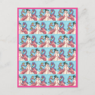 PINK FLAMINGOS MAKE SNOWMAN, FUNNY CHRISTMAS BIRDS POSTCARD