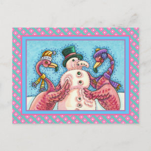 PINK FLAMINGOS MAKE SNOWMAN, FUNNY CHRISTMAS BIRDS POSTCARD