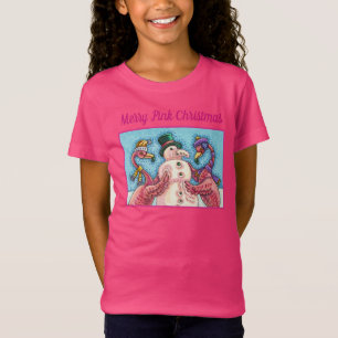 PINK FLAMINGOS MAKE SNOWMAN, FUNNY CHRISTMAS BIRDS T-Shirt