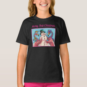 PINK FLAMINGOS MAKE SNOWMAN, FUNNY CHRISTMAS BIRDS T-Shirt