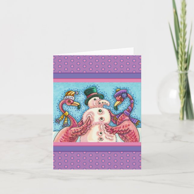 PINK FLAMINGOS MAKE SNOWMAN, FUNNY CHRISTMAS Blank Card (Front)