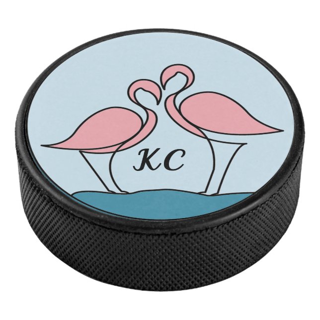 Pink Flamingos Monogram Art, or Photo Hockey Puck (3/4)