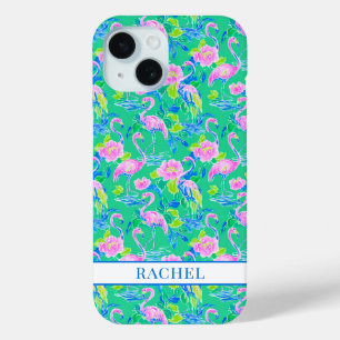 Pink Flamingos Monogrammed iPhone 15 Case