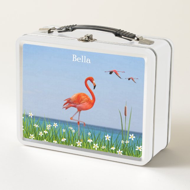 Pink Flamingos on a Beautiful Floral Landscape Metal Lunch Box (Front)