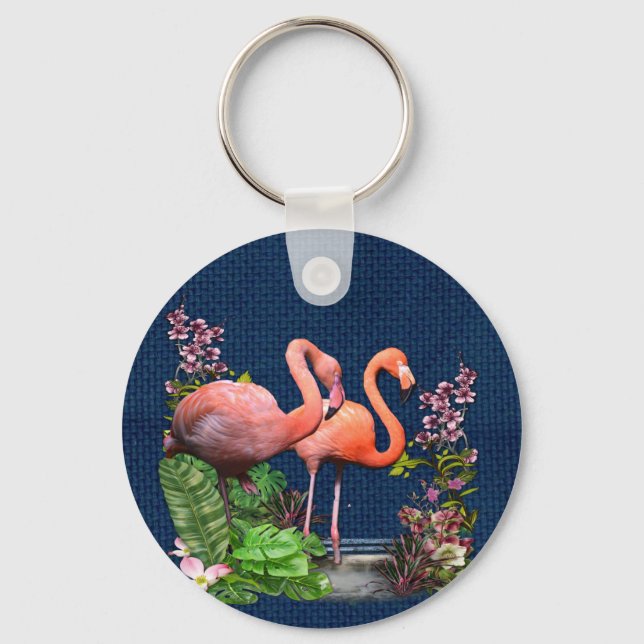 Pink Flamingos on Classic Blue Fabric Key Ring (Front)