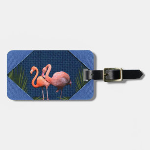 Pink Flamingos on Classic Blue Fabric Luggage Tag