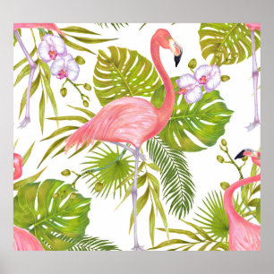 Pink flamingos, orchids: watercolor pattern. poster