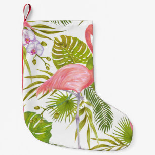 Pink flamingos, orchids: watercolor pattern. small christmas stocking