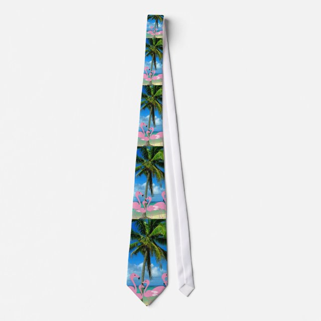 Pink Flamingos & Palm Tree Men's Tie (Front)
