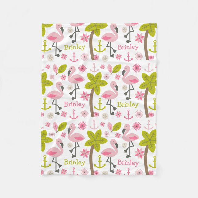 Pink Flamingos Palm Trees Beach Personalised Fleece Blanket (Front)