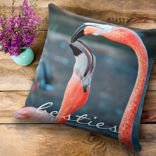 Pink Flamingos Photo Besties Script Bold Modern Cushion
