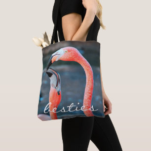 Pink Flamingos Photo Besties Script Stylish Modern Tote Bag