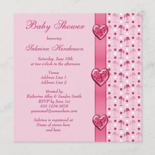Pink Flamingos, Printed Bow & Heart Baby Shower Invitation