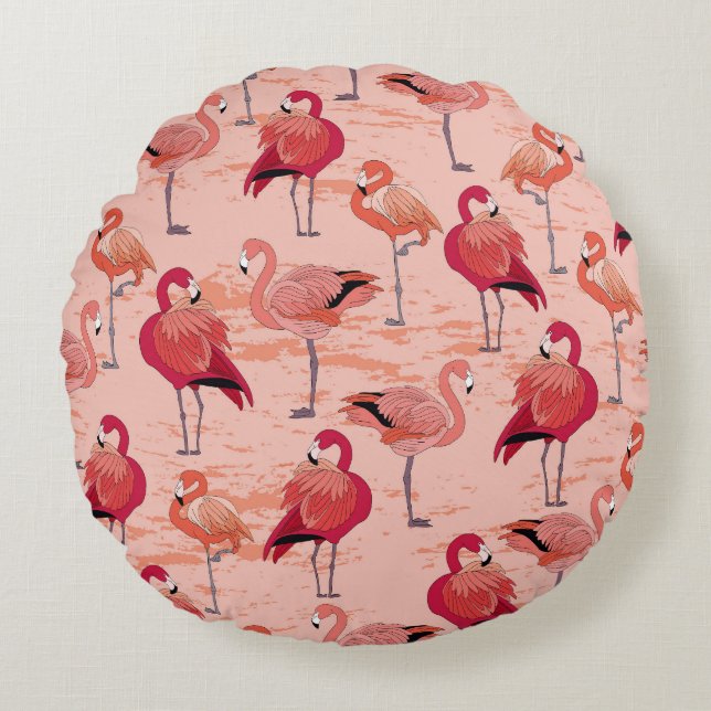 Pink Flamingos: Seamless Tropical Pattern Round Cushion (Front)
