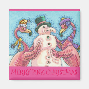 Pink Flamingo's Snowman CHRISTMAS MAGNET